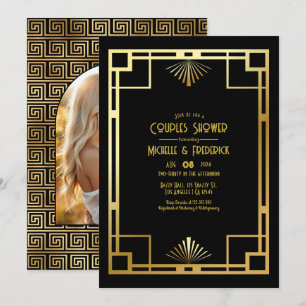 Invitation Photo de douche de couple Art Déco noir et or