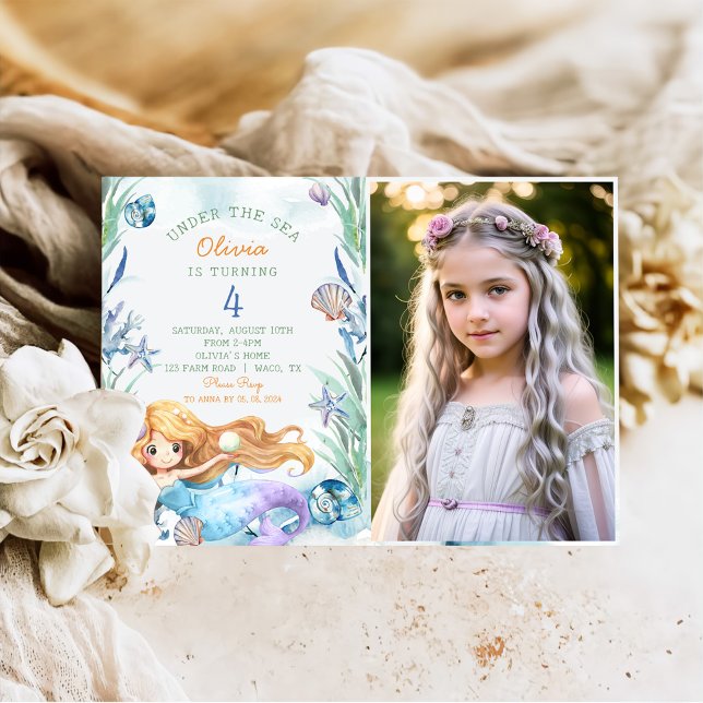 Invitation Photo de fête d'anniversaire 4 ans de sirène sous  (Créateur téléchargé)