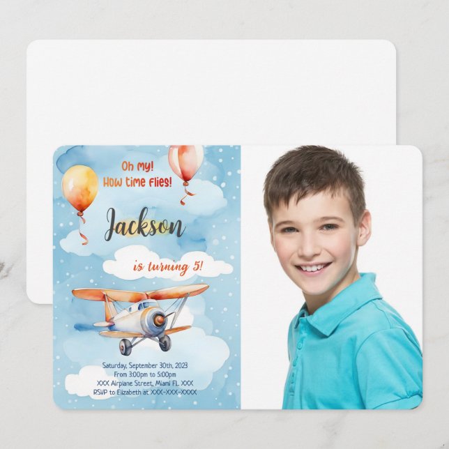 Invitation Photo de fête d'anniversaire d'avion de garçon (Devant / Derrière)