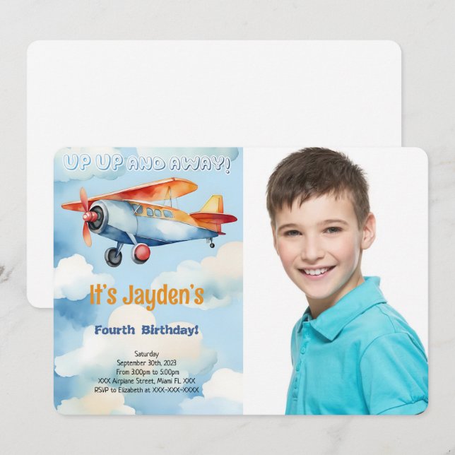 Invitation Photo de fête d'anniversaire d'avion modifiable (Devant / Derrière)