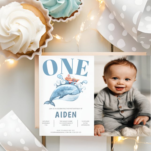Invitation Photo de fête d'anniversaire de Blue Whale Kid (Créateur téléchargé)