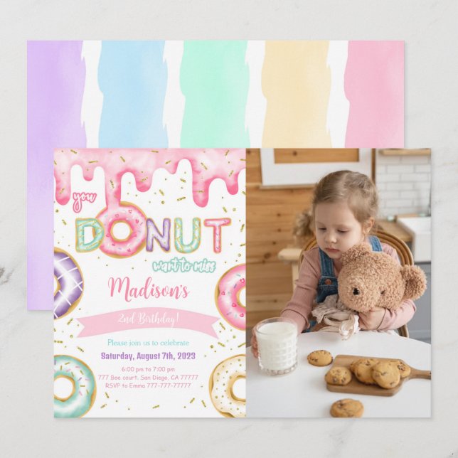 Invitation Photo de fête d'anniversaire de Donut modifiable (Devant / Derrière)