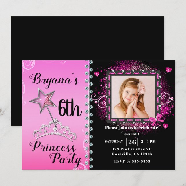 Invitation Photo de fête d'anniversaire de la princesse rose  (Devant / Derrière)