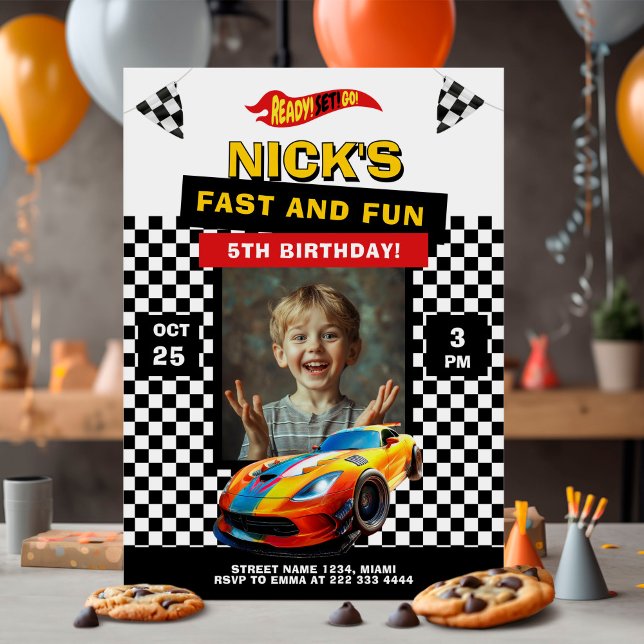 Invitation Photo de fête d'anniversaire de la voiture rapide (Créateur téléchargé)