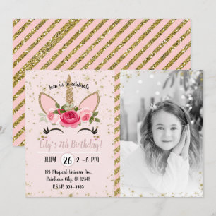 Invitation Photo de fête d'anniversaire de licorne à paillett