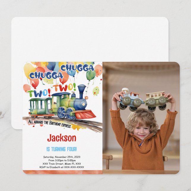 Invitation Photo de fête d'anniversaire de train de 4 ans (Devant / Derrière)
