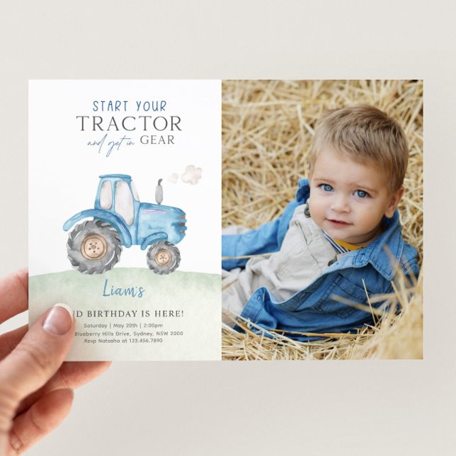 Invitation Photo de fête d'anniversaire du Tracteur bleu (Créateur téléchargé)