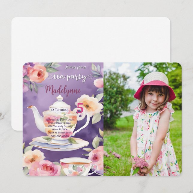 Invitation Photo de fête d'anniversaire Floral Tea Party (Devant / Derrière)