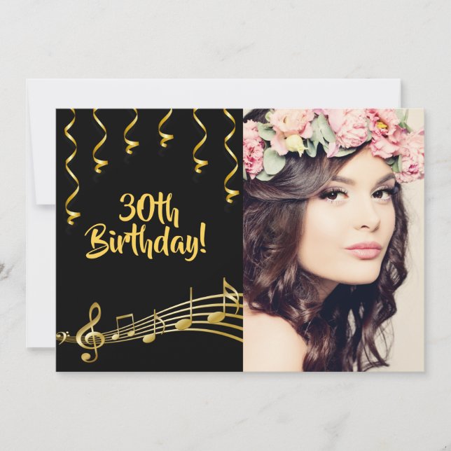 Invitation Photo de fête d'anniversaire glam or noir (Devant)