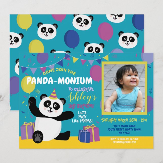 Invitation photo de fête d'anniversaire Panda-moni (Devant / Derrière)