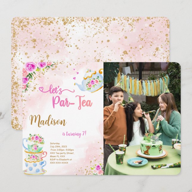 Invitation photo de fête du thé rose et or (Devant / Derrière)