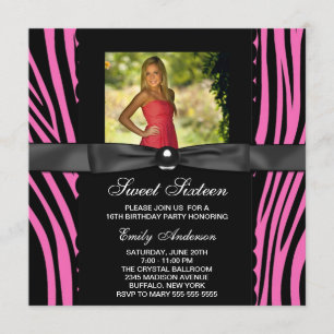 Invitation Photo de fête rose vif zébré pour 16 ans douce fêt