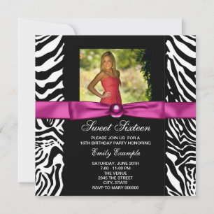 Invitation Photo de fête rose vif zébré pour 16 ans douce fêt