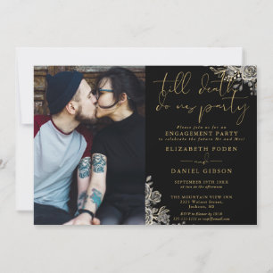 Invitation Photo de fiançailles gothique floral noir et or