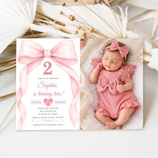 Invitation Photo de fille bébé avec un nœud rose pour son 2èm