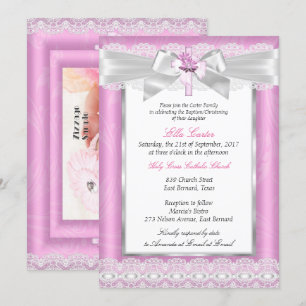Invitation Photo de fille croix florale rose baptême christen