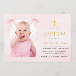 Invitation Photo de fille de baptême Rubans roses et croix do