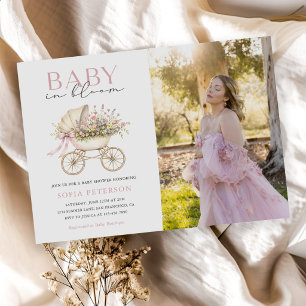Invitation Photo de Fille de Landau Bébé Fleur Pastel pour Ba