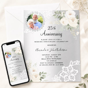Invitation Photo de florales argentées pour 25 ans de mariage