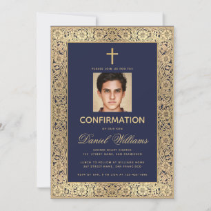 Invitation Photo de garçon de confirmation Roses bleues marin