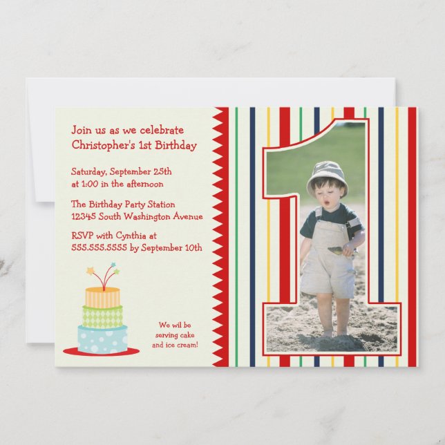 Invitation Photo de garçon Stripes 1er anniversaire invitatio (Devant)