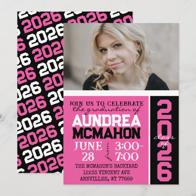 Invitation Photo de graduation moderne rose chaud et noir (Devant / Derrière)