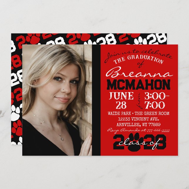 Invitation Photo de graduation Red & Black Pawprint ( Repeating Class Year 1 & 2 Photo Graduation Invitations & Announcements)