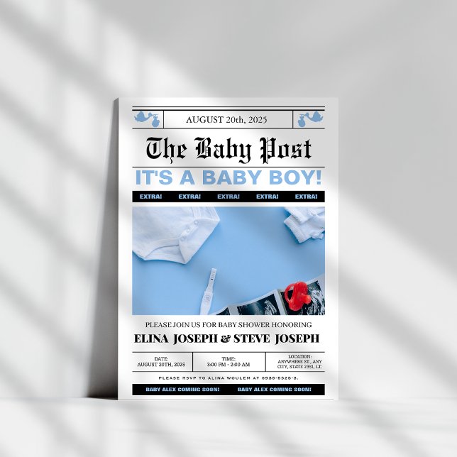 Invitation Photo de journal moderne Baby shower garçon (Créateur téléchargé)