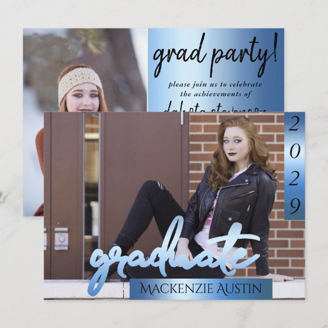 Invitation Photo de la 2e année | Bleu Script Cool Brush Keep (Devant / Derrière)