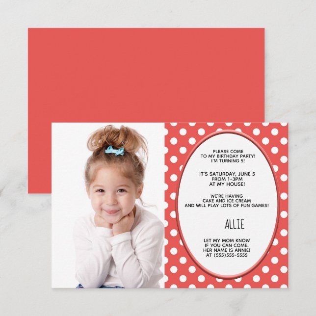 Invitation photo de la fête d'anniversaire de la P (Devant / Derrière)