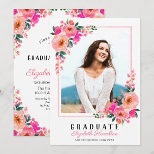 Invitation Photo de la fête de graduation du cadre floral ros