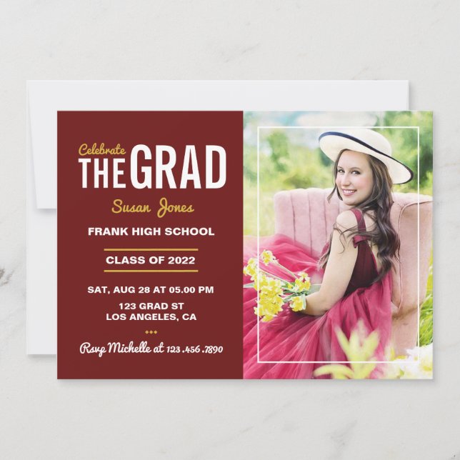 Invitation Photo de la fête de graduation Maron et Gold (Devant)
