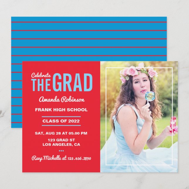 Invitation Photo de la fête de graduation rouge bleu et ceris (Devant / Derrière)