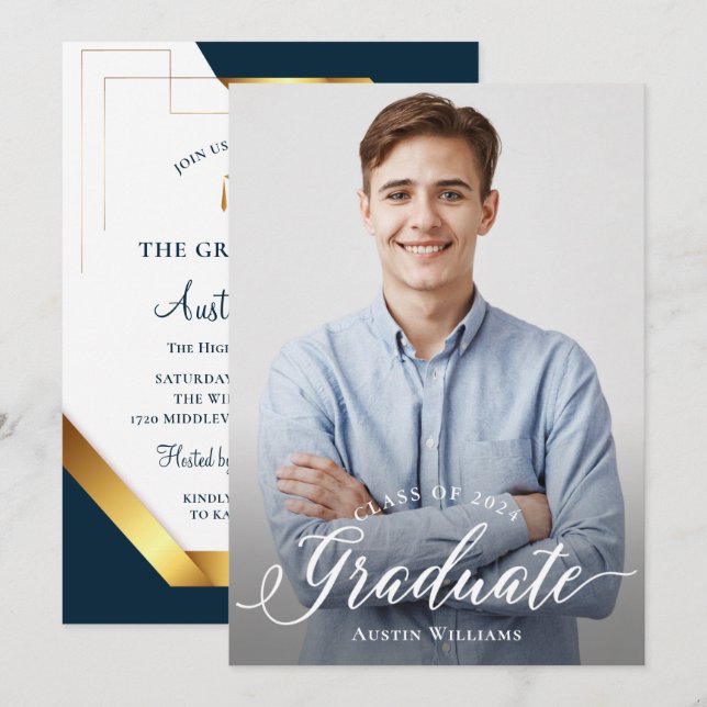Invitation Photo de la fête de graduation Royal Blue & Gold (Devant / Derrière)
