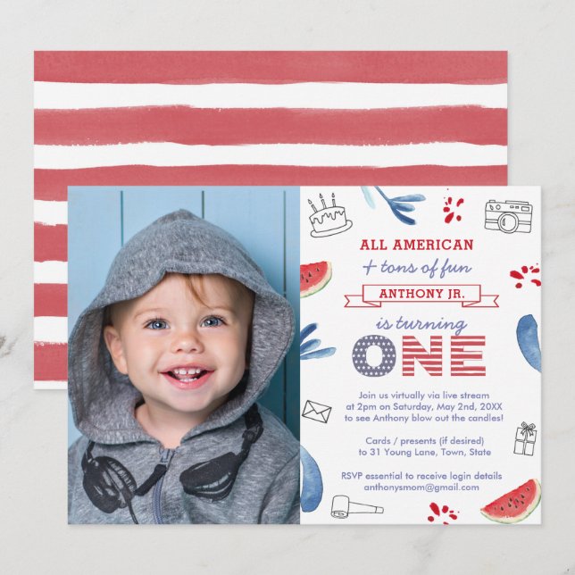Invitation Photo de la fête du 1er anniversaire de l'American (Devant / Derrière)