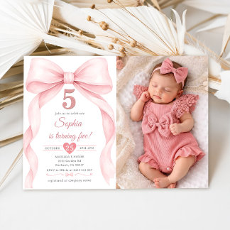 Invitation Photo de la fille au nœud rose pour son 5e anniver