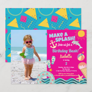 Invitation photo de la fille de la piscine rose