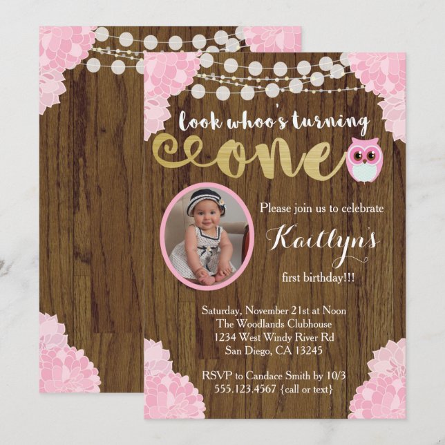 Invitation photo de la fille Owl First Birthday (Devant / Derrière)