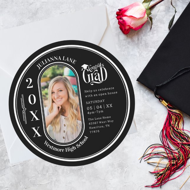 Invitation photo de la graduation noire et blanche (Round Black and White Photo Graduation Invitation Announcement Art Deco Retro)