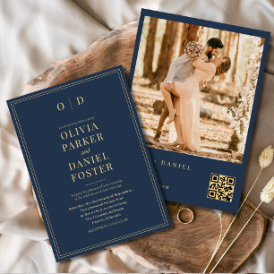 Invitation Photo de la Marine moderne Blue Gold Code QR Maria