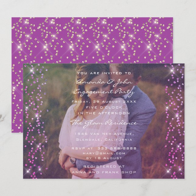 Invitation Photo de la partie d'engagement Purple Fuchsia Pin (Devant / Derrière)