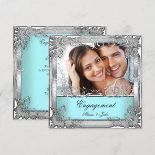 Invitation Photo de la partie d'engagement Turquoise blanc Si