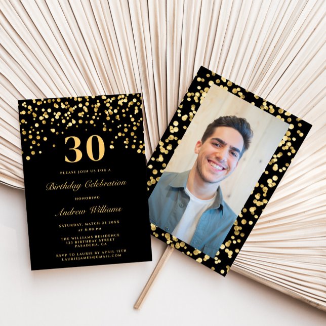 Invitation Photo de la Parties scintillant Black & Gold Trent (Créateur téléchargé)