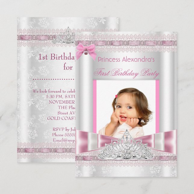 Invitation Photo de la petite princesse fille premier anniver (Devant / Derrière)