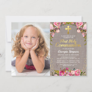 Invitation Photo de la première communion sainte rose russe