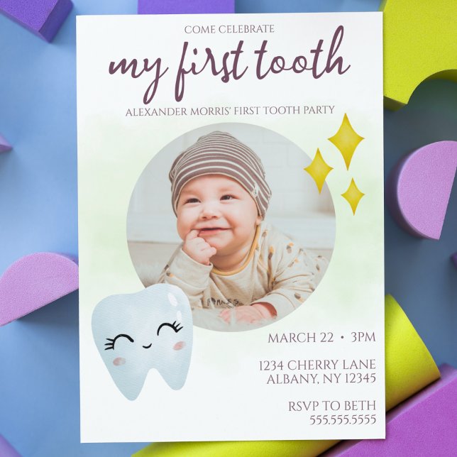 Invitation Photo de la première fête des dents ("my first tooth" party invitation cute gender neutral boy or girl baby party invite watercolor cute)