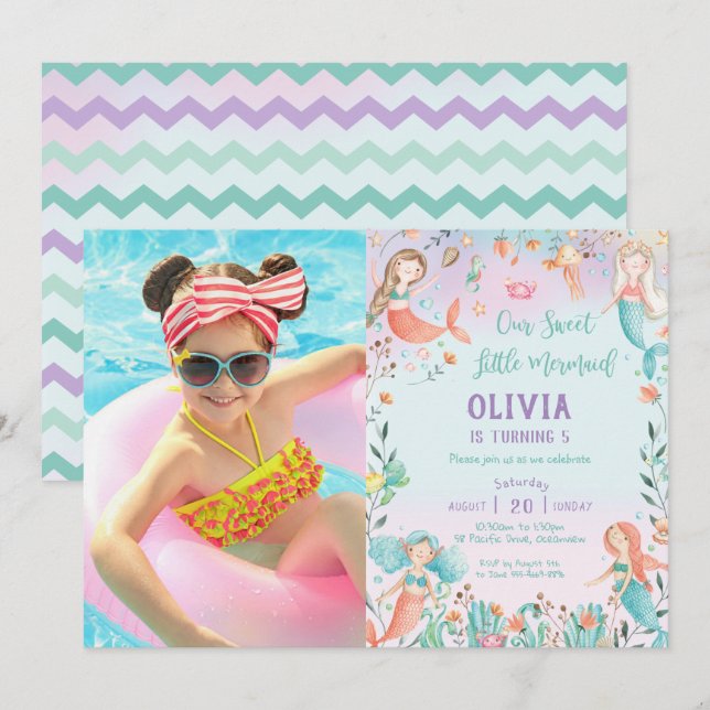 Invitation Photo de l'anniversaire de la Cute Mermaid Arc en  (Devant / Derrière)