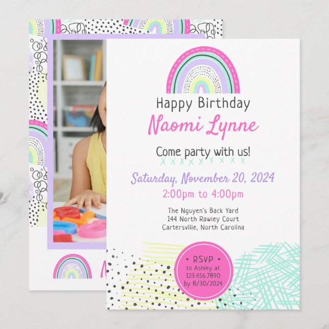 Invitation Photo de l'anniversaire de la fille Rainbow dans l (Devant / Derrière)