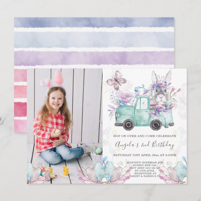 Invitation Photo de l'anniversaire du Bunny Spring (Devant / Derrière)