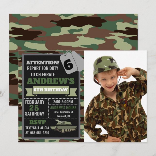 Invitation Photo de l'armée, anniversaire de Camo (Devant / Derrière)